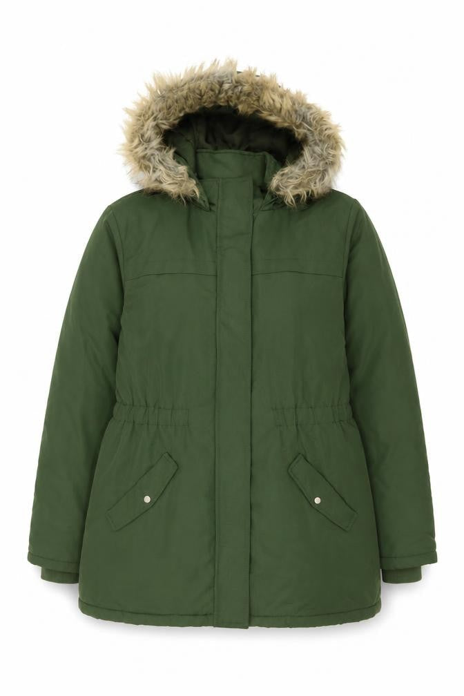 Front view of Jacqueline de Yong Women’s Green XL Parka Coat with Faux Fur Hood