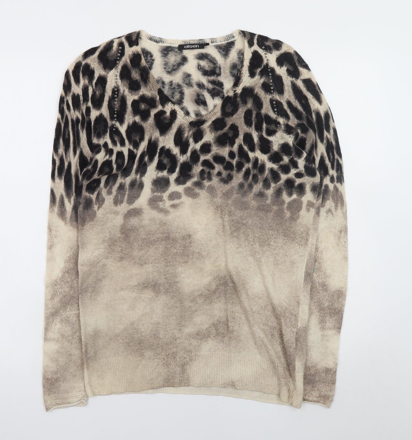 Olsen Women Beige Leopard Print V-Neck Pullover Jumper Size 12