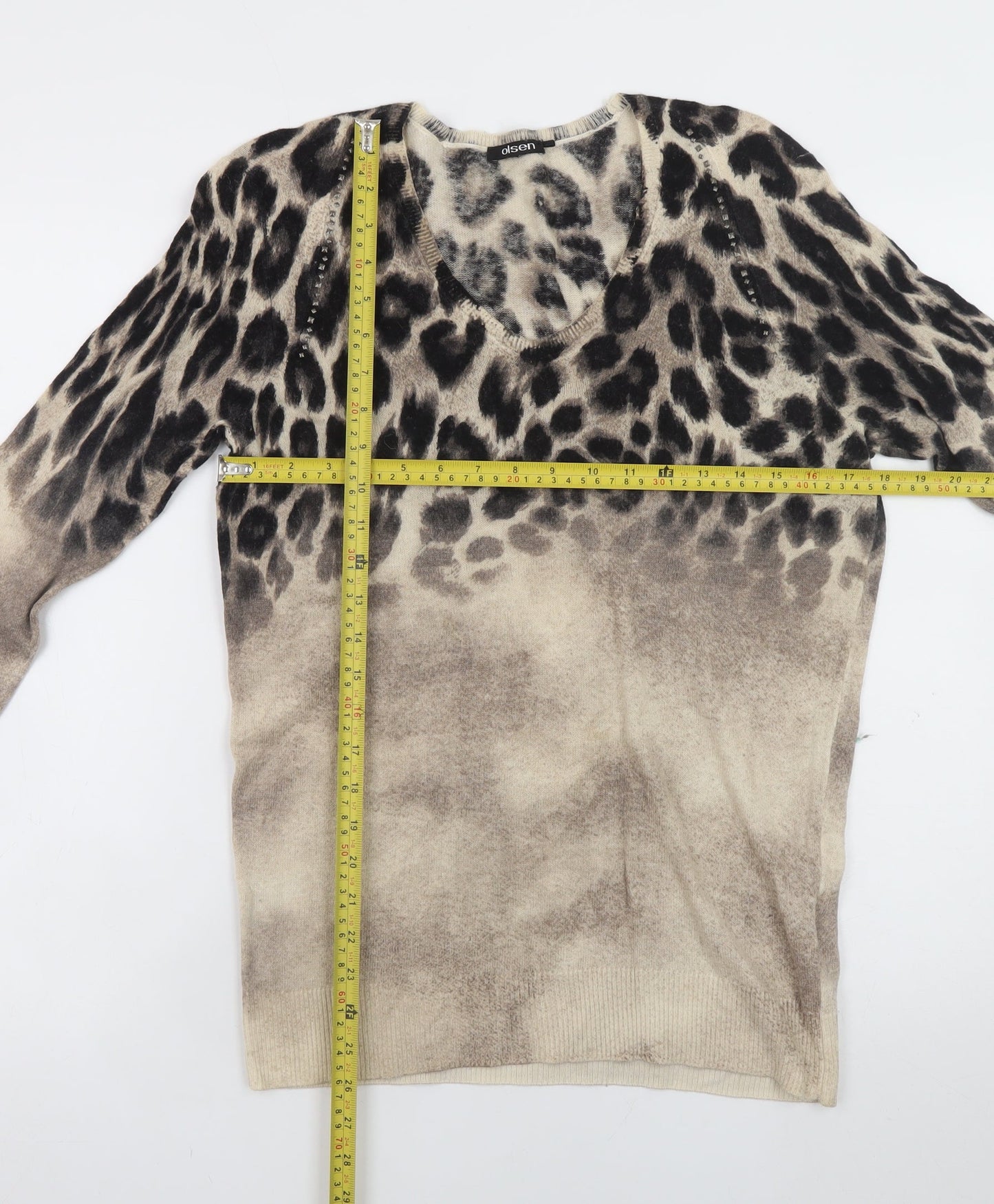 Olsen Women Beige Leopard Print V-Neck Pullover Jumper Size 12
