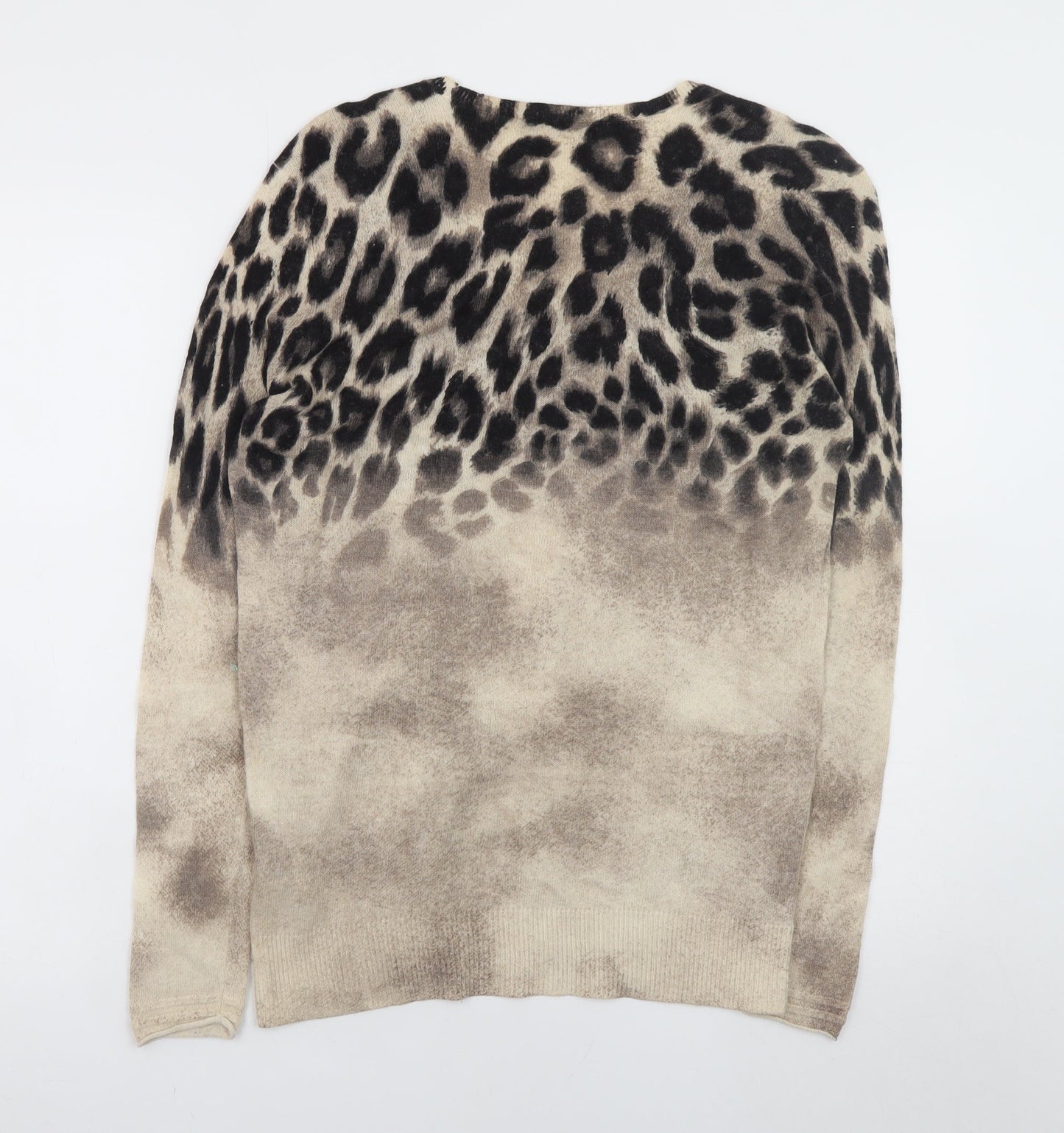 Olsen Women Beige Leopard Print V-Neck Pullover Jumper Size 12