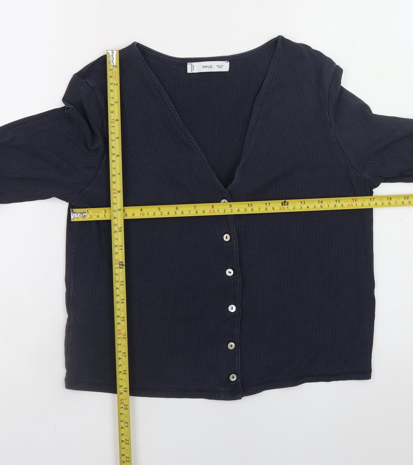 MNG Women's Blue Long Sleeve V-Neck Button-Up Top Size L