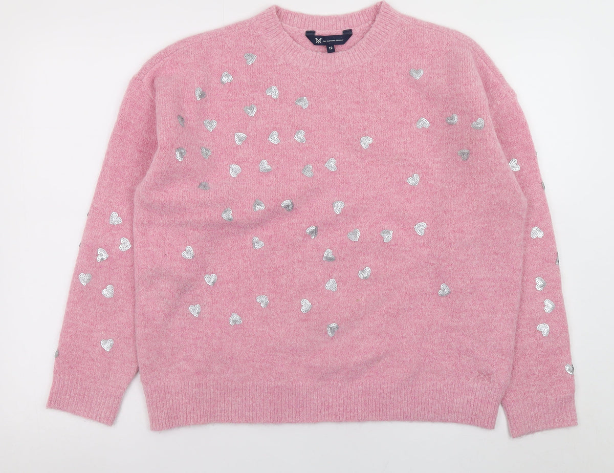 Crew Clothing Women Pink Sequin Heart Pullover Jumper Size 12