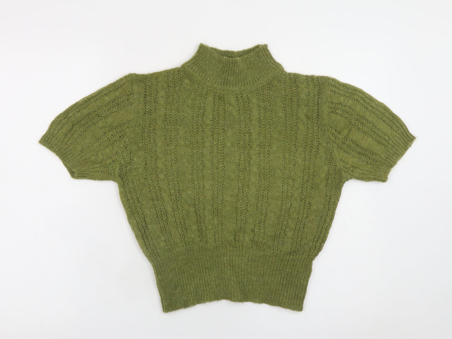 Cider Women's Green High Neck Cable-Knit Short Sleeve Jumper Size S