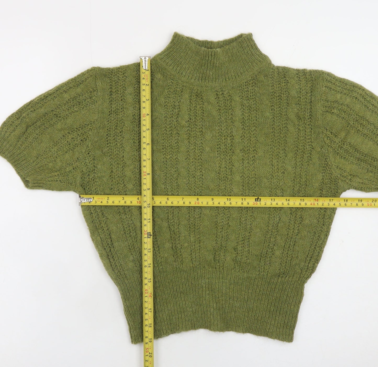 Cider Women's Green High Neck Cable-Knit Short Sleeve Jumper Size S