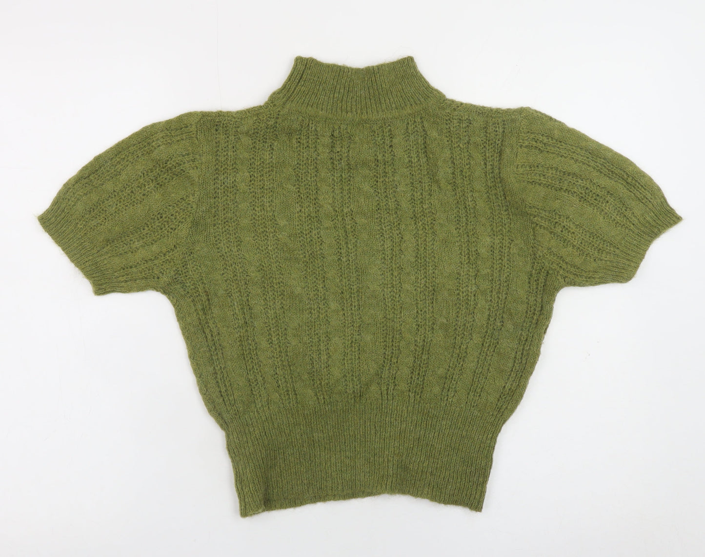Cider Women's Green High Neck Cable-Knit Short Sleeve Jumper Size S