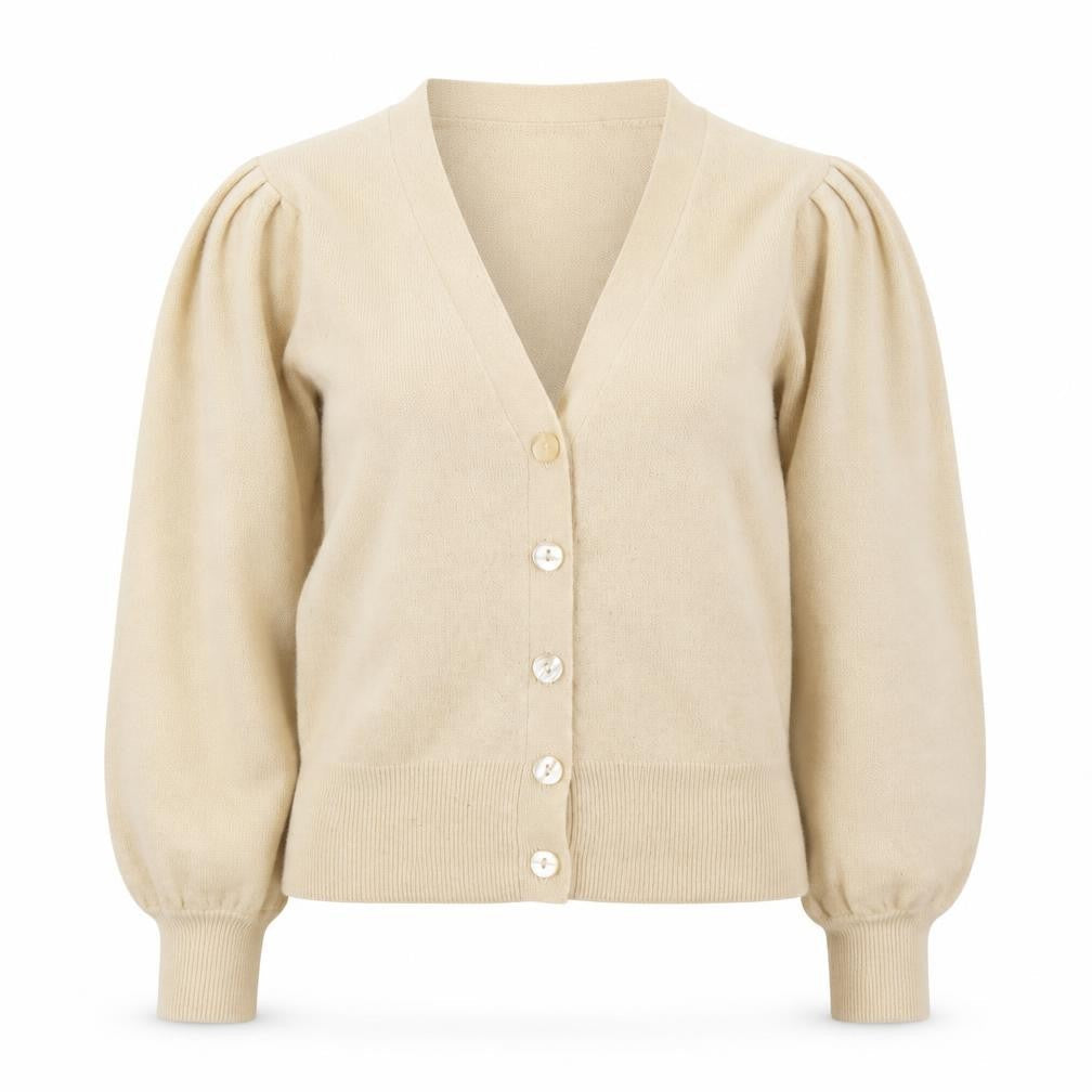 ICHI Womens Beige V-Neck Puff Sleeve Cardigan Size S