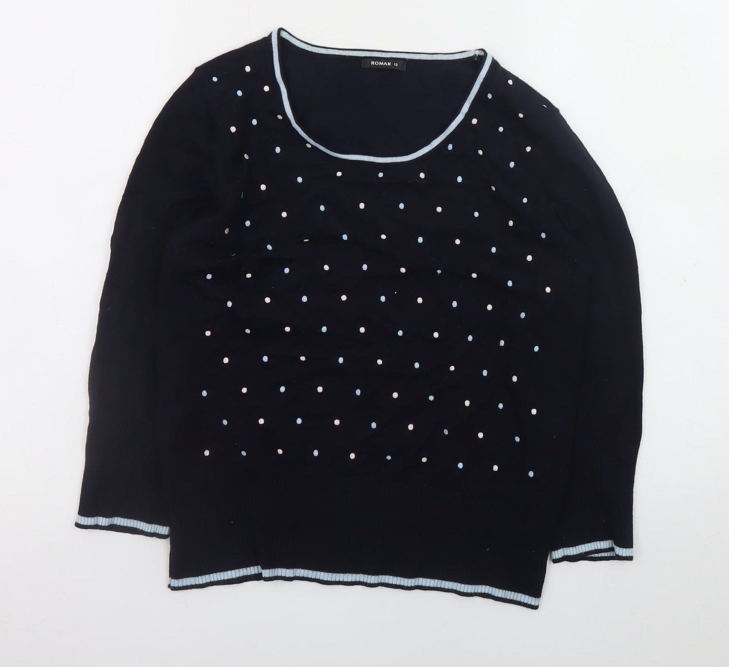 Roman Womens Blue Polka Dot Scoop Neck Long Sleeve Jumper Size 12