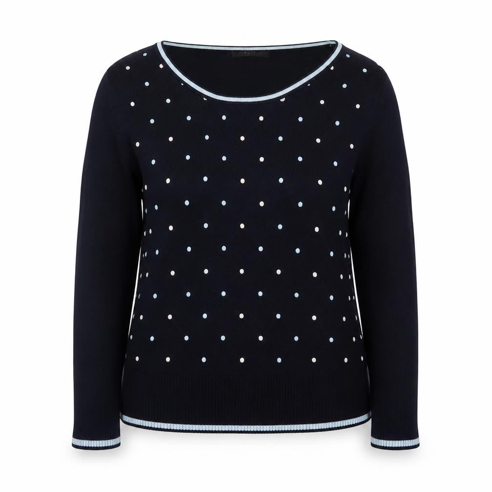 Front view of Roman women’s blue polka dot scoop neck long sleeve jumper, size UK 12