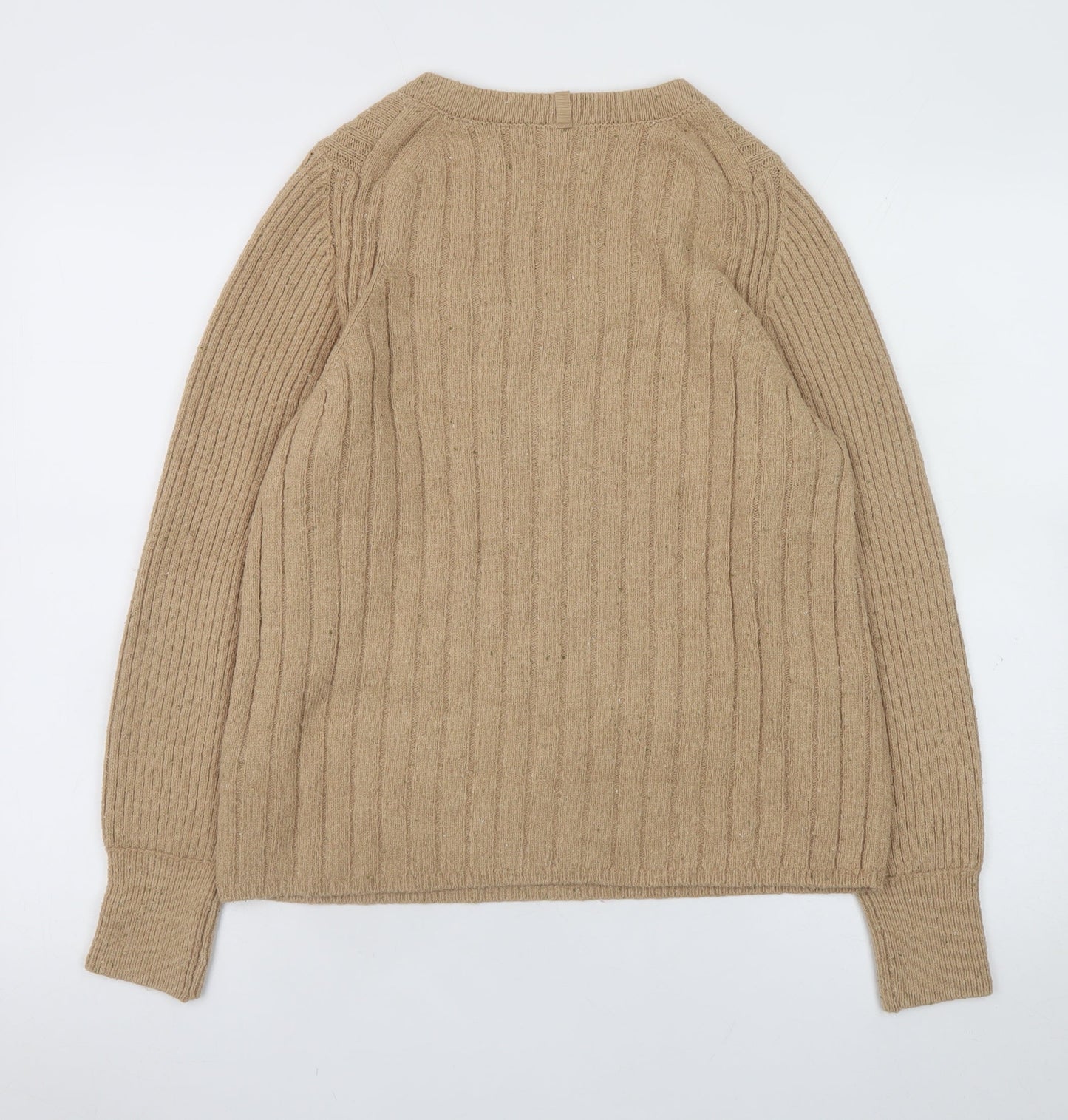 Marks and Spencer Women Beige Henley Jumper Medium Rib Knit Long Sleeve