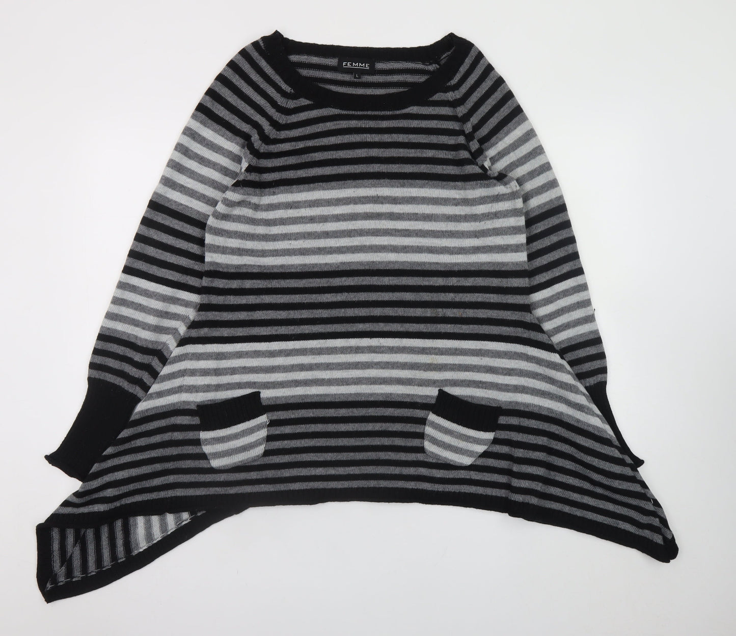FEMME Women’s Grey Striped Tunic Jumper L Relaxed Fit Knit
