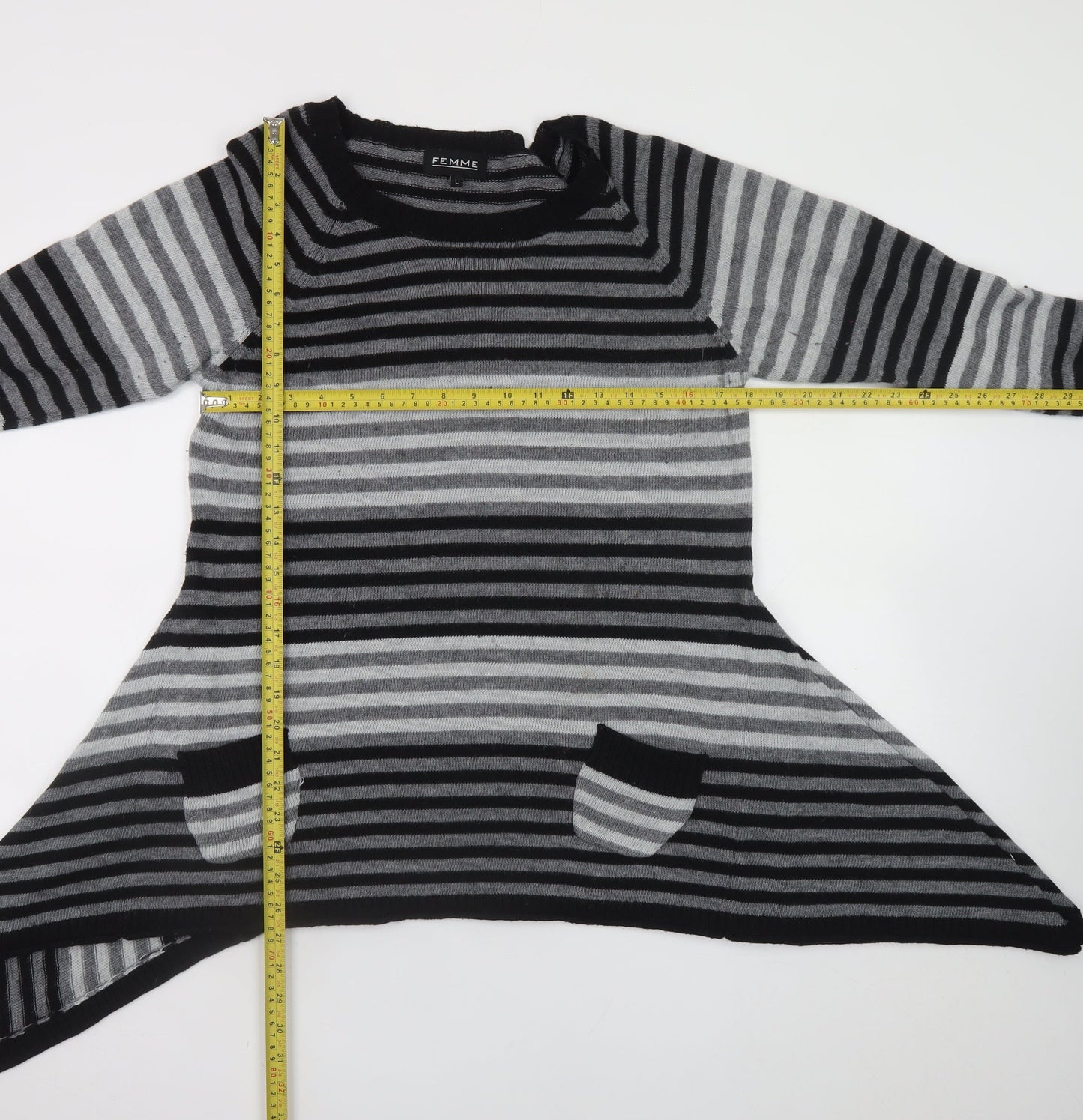 FEMME Women’s Grey Striped Tunic Jumper L Relaxed Fit Knit