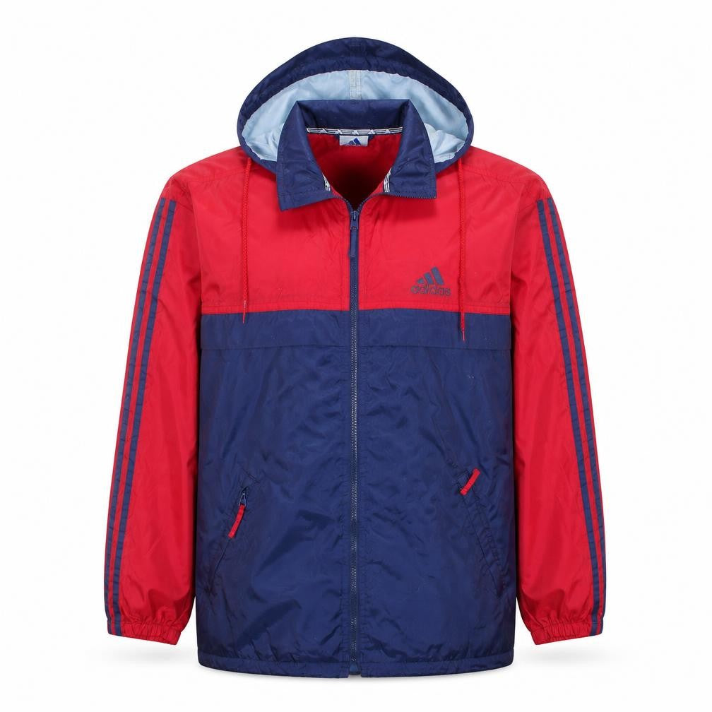 Front view of Adidas Men’s Red Blue Windbreaker Jacket M Hooded Retro Sportswear