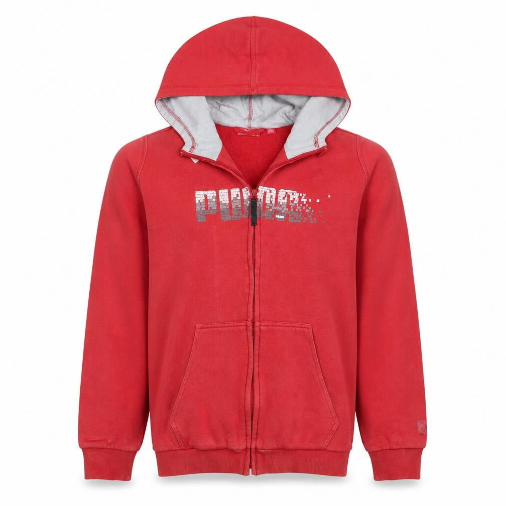 Front view of Puma boys’ red full zip fleece hoodie, size 32/34, with logo design