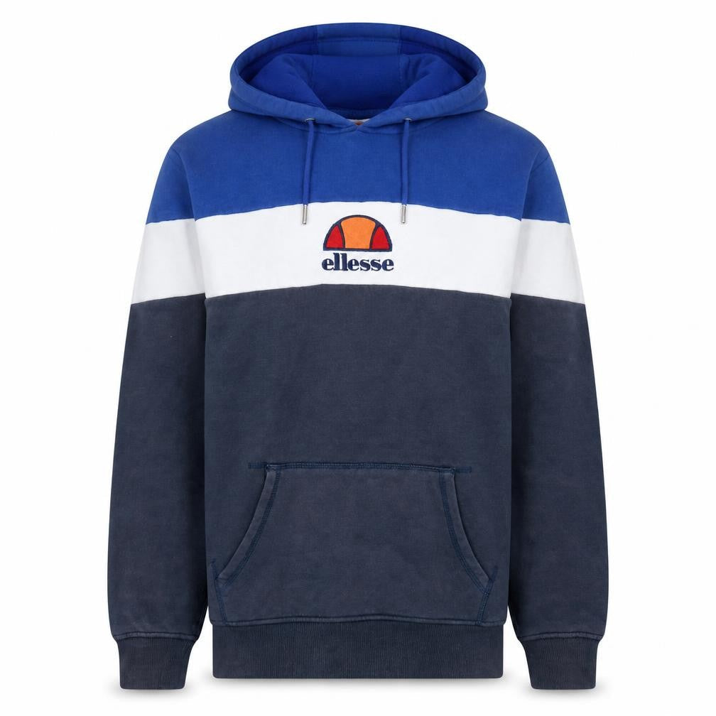 Front view of Ellesse Men's Blue Colour Block Pullover Hoodie, size L