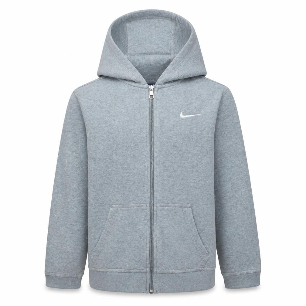 Front view of Nike boys’ grey full zip fleece hoodie, size 13-15, years regular fit