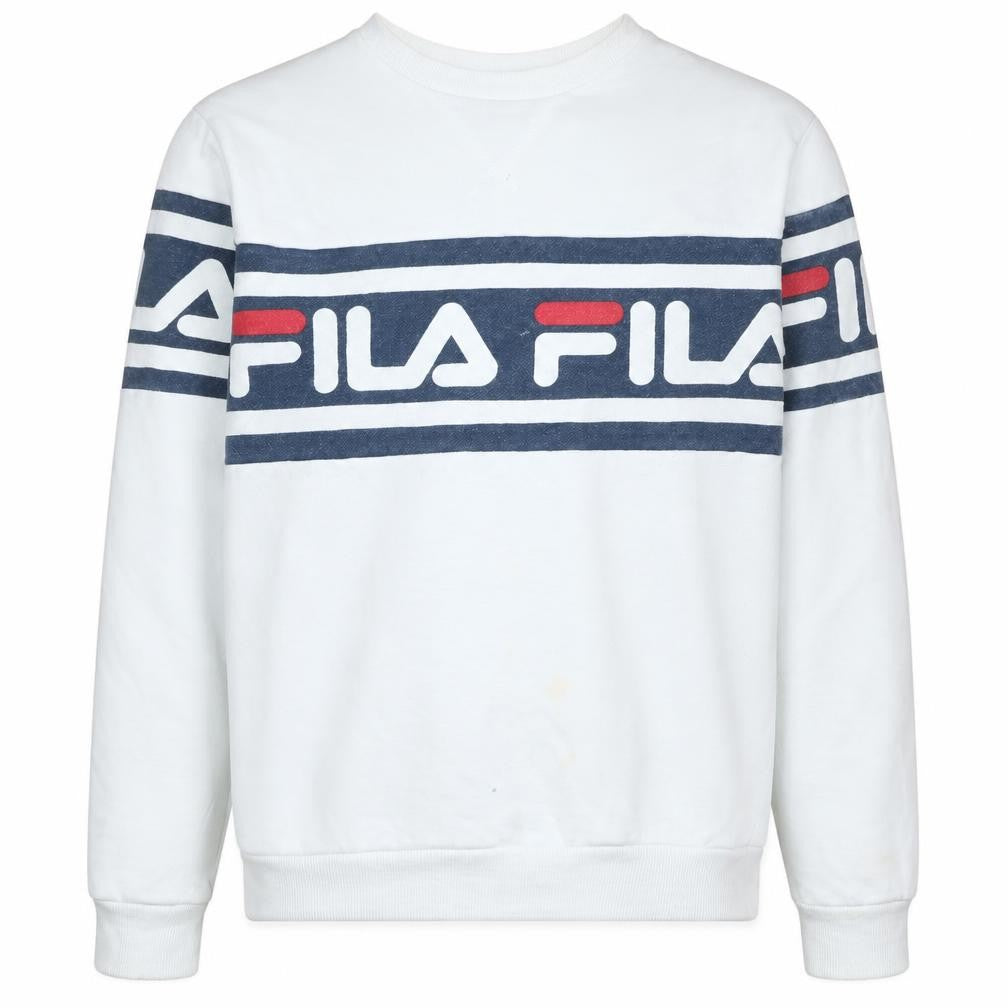 Front view of Fila men’s white crew neck logo pullover sweatshirt, size S