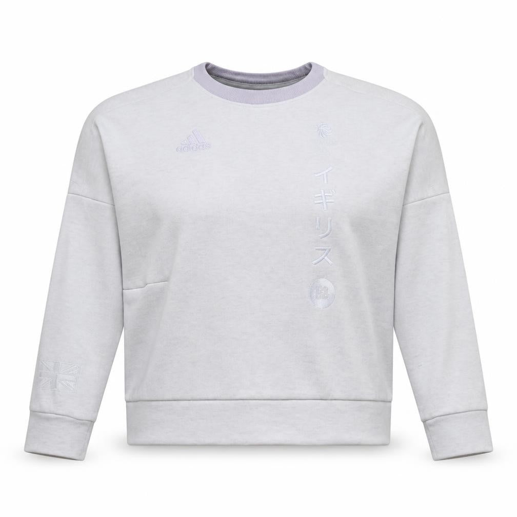 Front view of Adidas Women Beige Crew Neck Pullover Sweatshirt, size 14