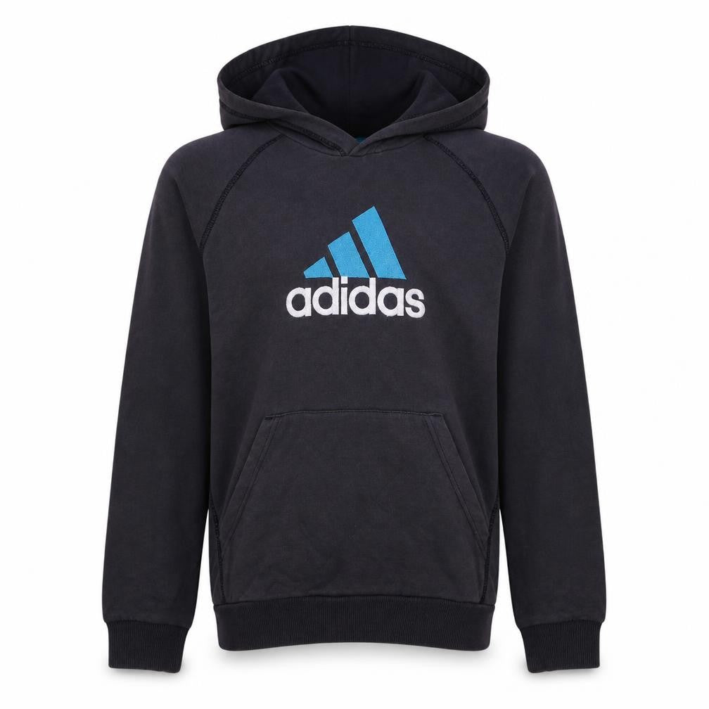 Front view of Adidas boys’ black pullover hoodie 13-14 years fleece sportswear