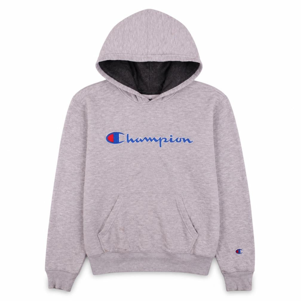 Front view of Champion boys’ grey pullover hoodie m fleece lined logo sweatshirt