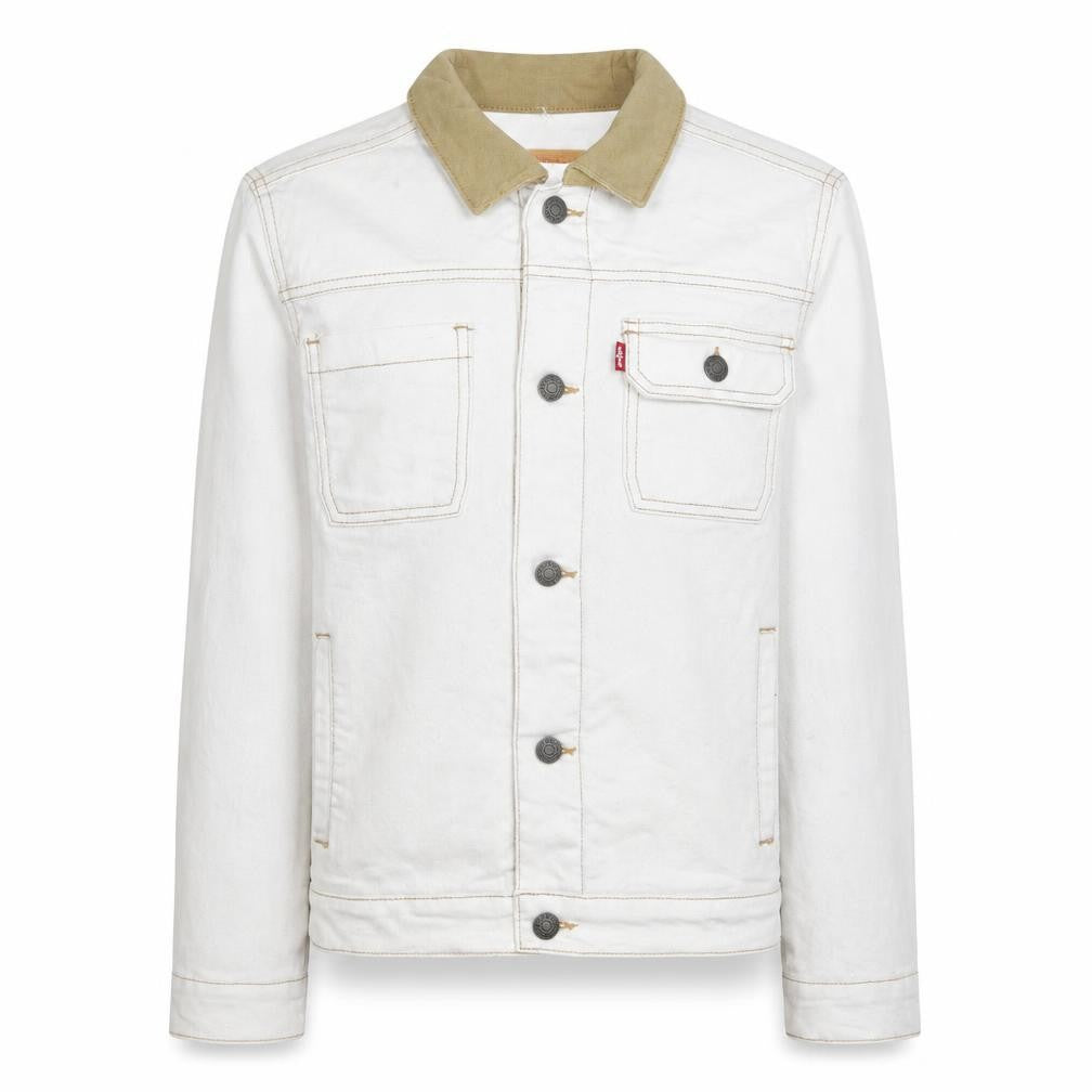 Front view of Levi’s boys’ white cotton basic jacket, size 14, years collared denim style