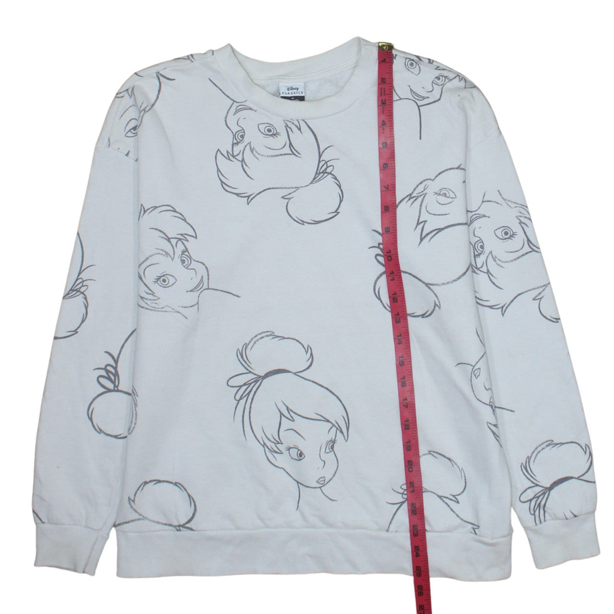 Close-up detail of Disney Classics at George Women’s White Tinker Bell Sweatshirt, size M, 12-14