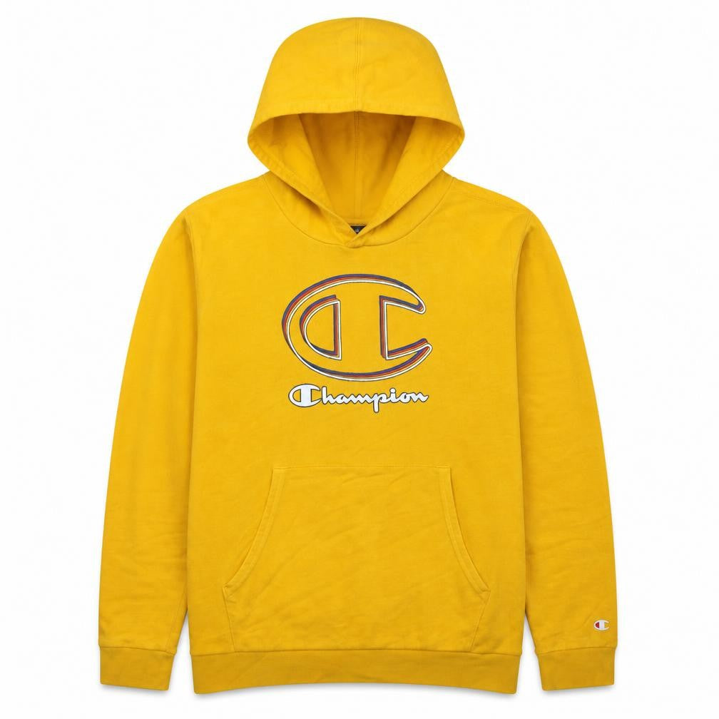 Front view of Champion boys’ yellow 2xl pullover hoodie with logo front