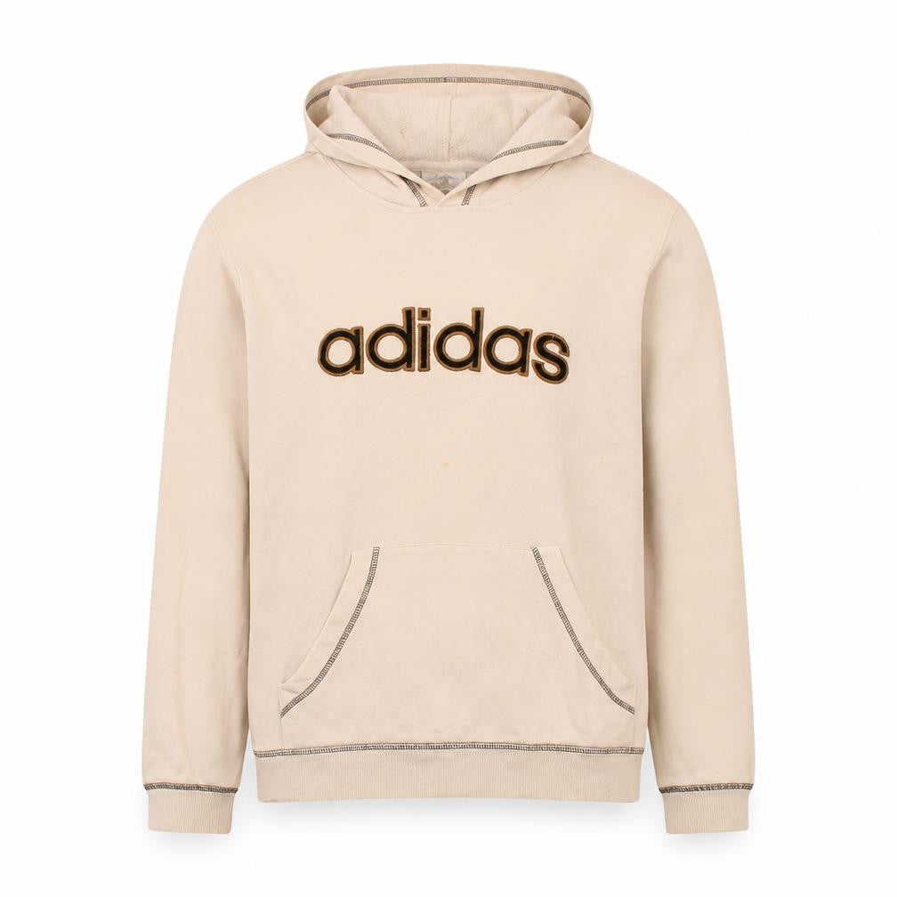 Front view of Adidas Men’s Beige Pullover Hoodie, size S, Logo Fleece Sweatshirt