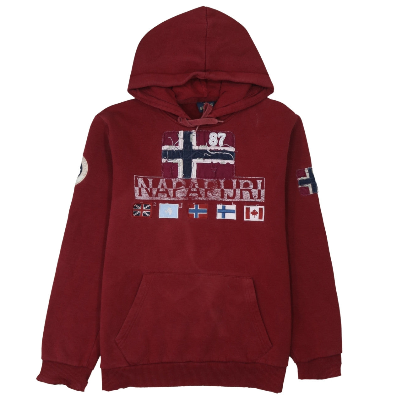 Napapijri Men's Red Pullover Hoodie M Logo Patch Fleece Sweatshirt