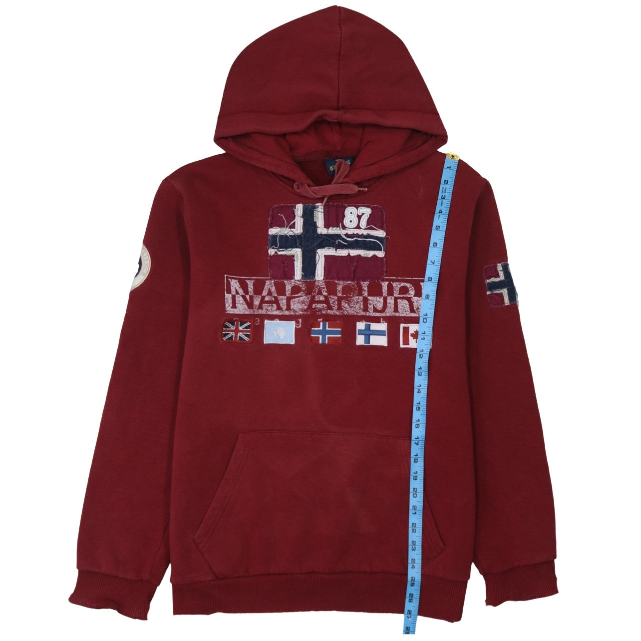 Napapijri Men's Red Pullover Hoodie M Logo Patch Fleece Sweatshirt