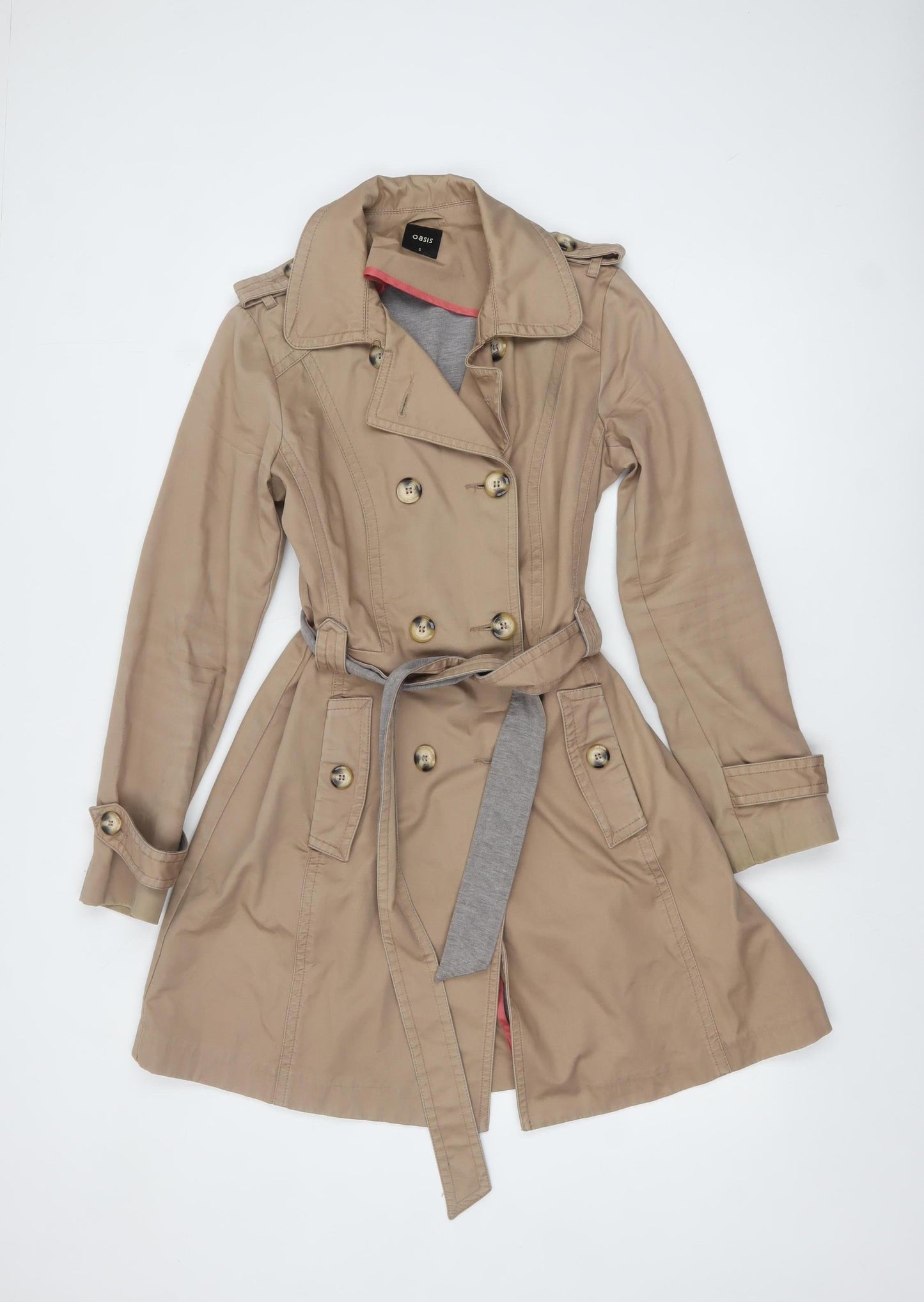 Oasis Women's Beige Trench Coat S Belted Classic Mid-Length