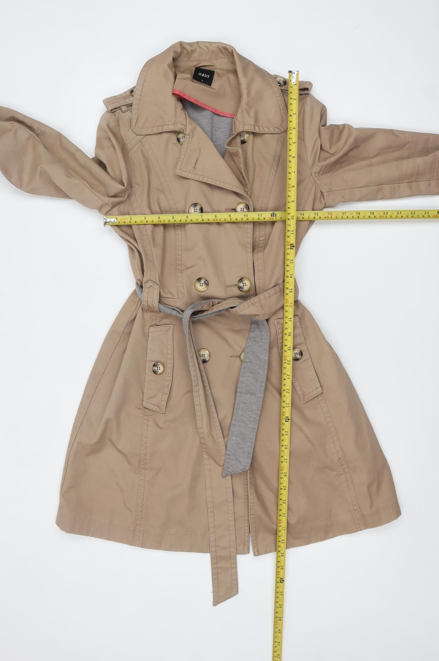 Oasis Women's Beige Trench Coat S Belted Classic Mid-Length