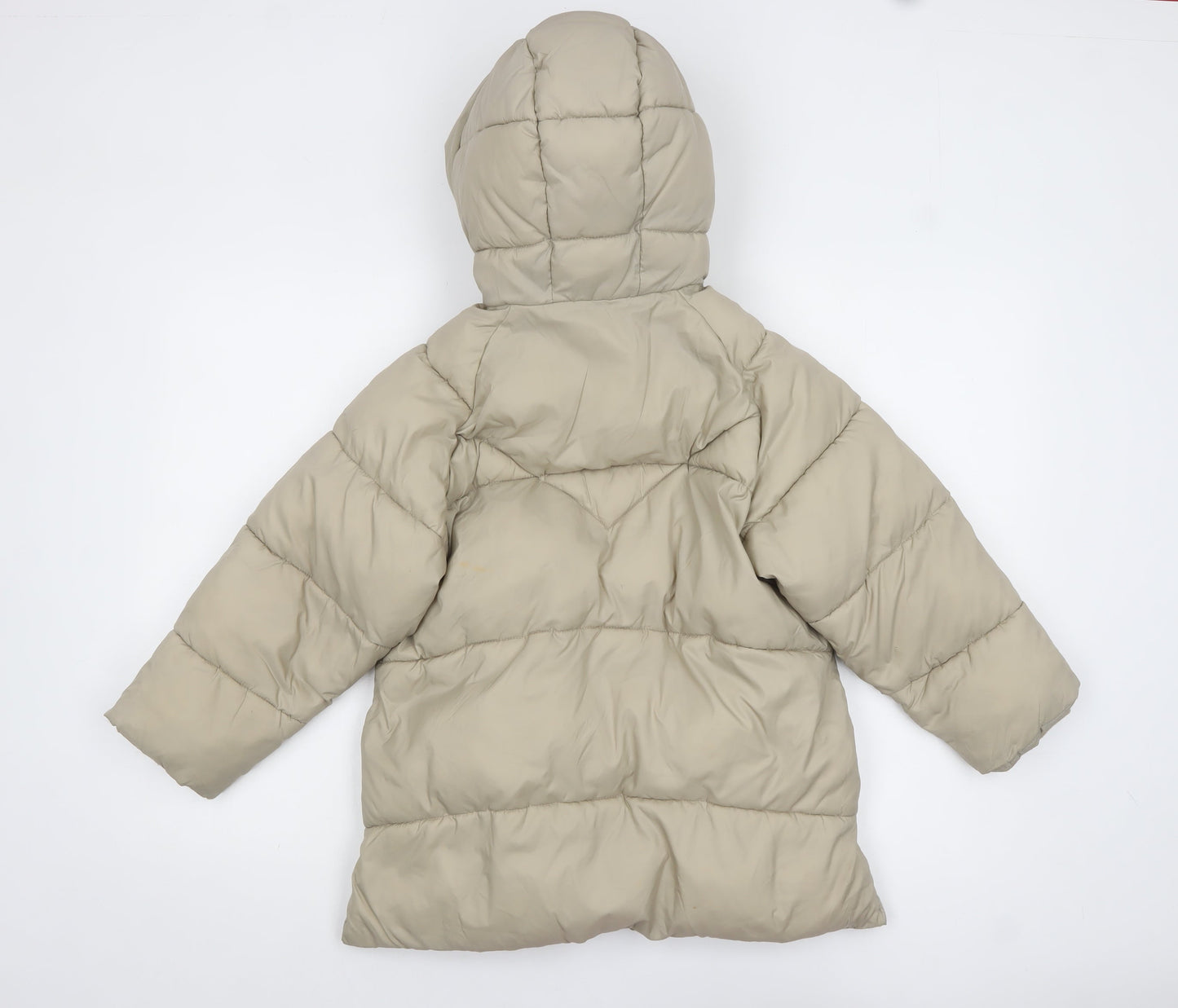 ZARA Girls Beige Hooded Puffer Jacket 8 Years Lined Quilted Winter Coat
