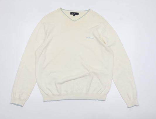Ben Sherman Men's Ivory Cotton V-Neck Jumper XL Classic Knit