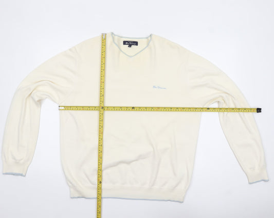 Ben Sherman Men's Ivory Cotton V-Neck Jumper XL Classic Knit