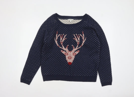 FatFace Women Blue Reindeer Fair Isle Crew Neck Pullover Jumper Size 18