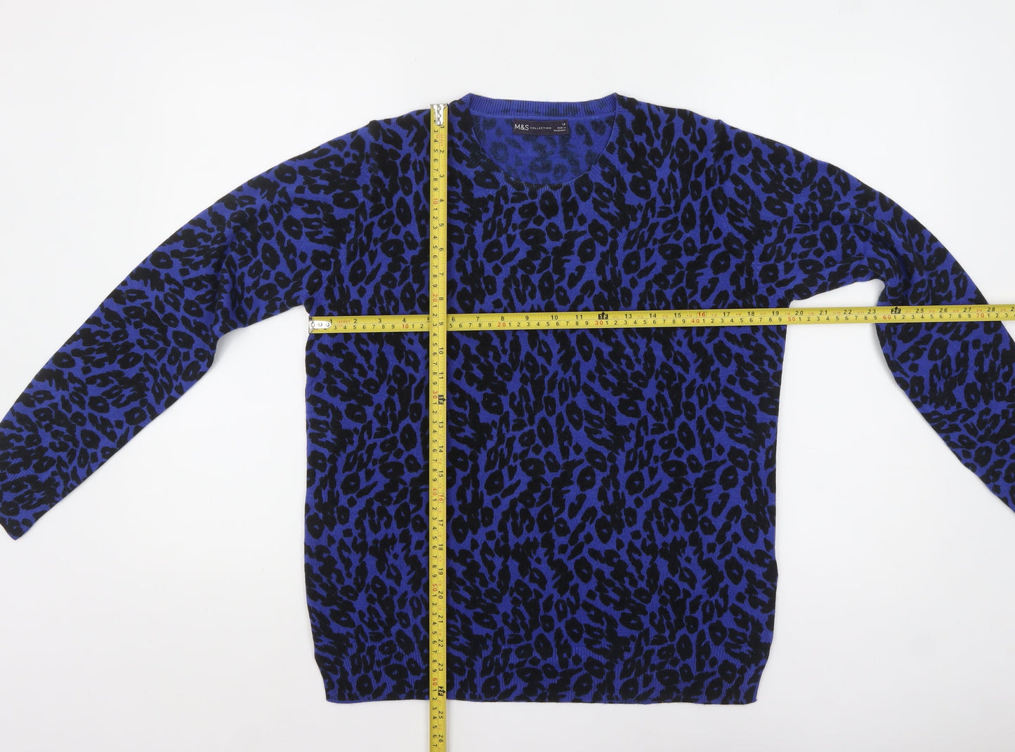 Marks and Spencer Women's Blue Leopard Print Acrylic Jumper Size 14