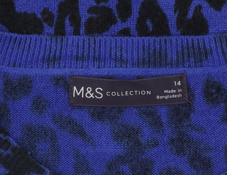 Marks and Spencer Women's Blue Leopard Print Acrylic Jumper Size 14