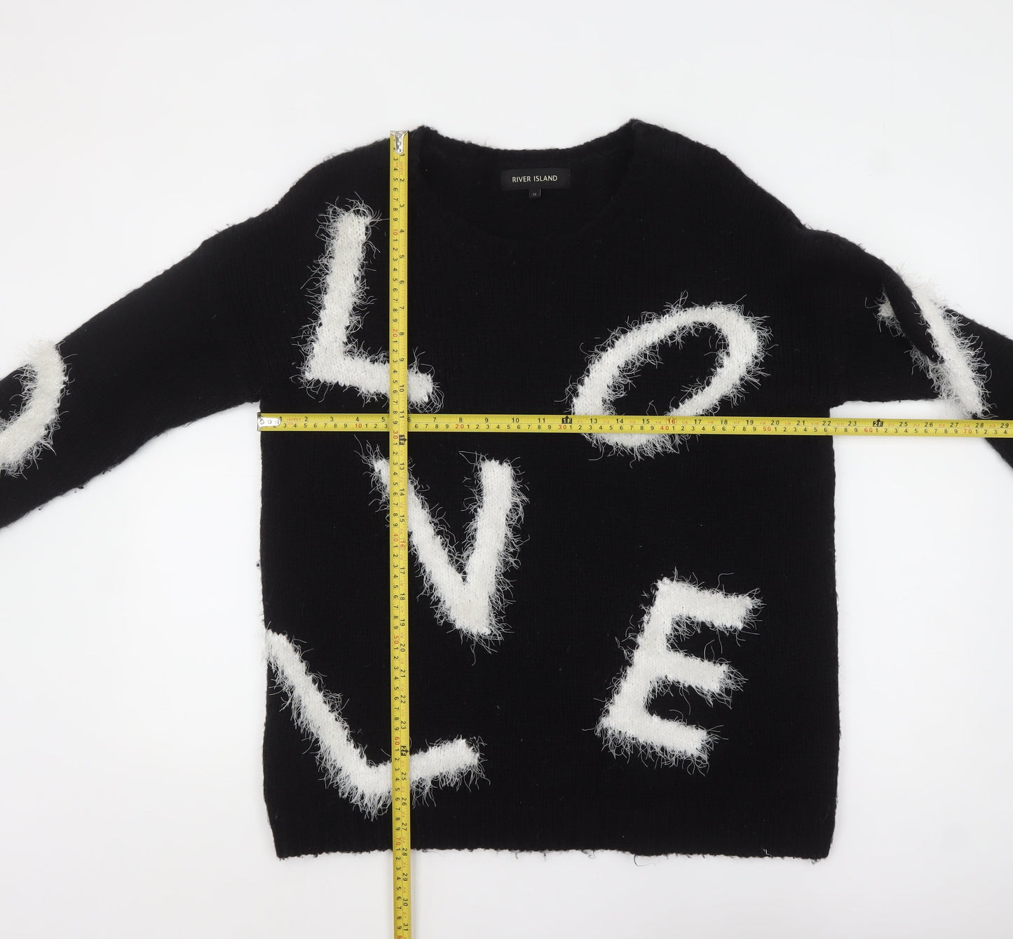 River Island Womens Black LOVE Fuzzy Knit Pullover Jumper Size 12