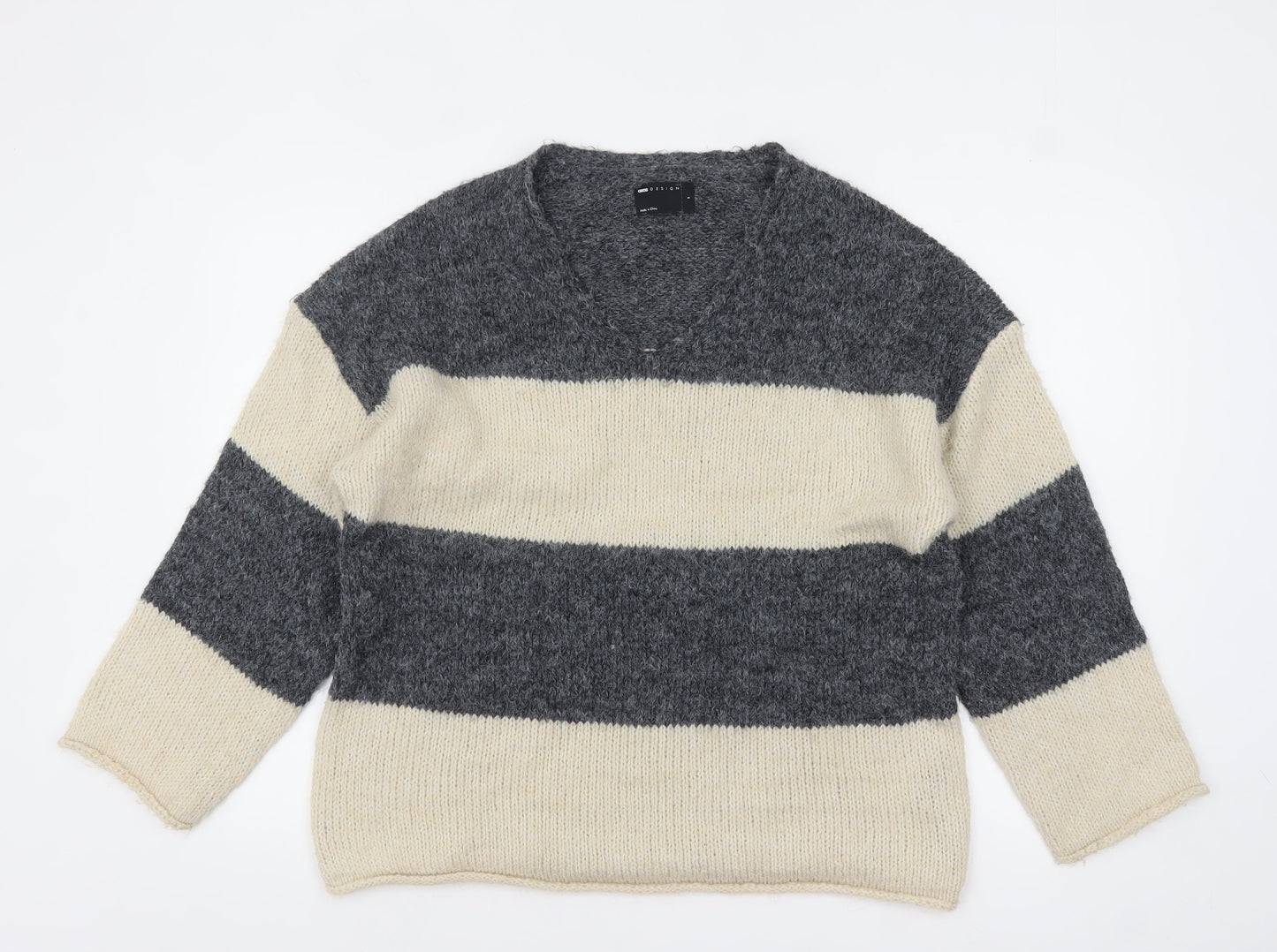 ASOS Women’s Grey Cream Striped V-Neck Knit Jumper Size S UK 8-10