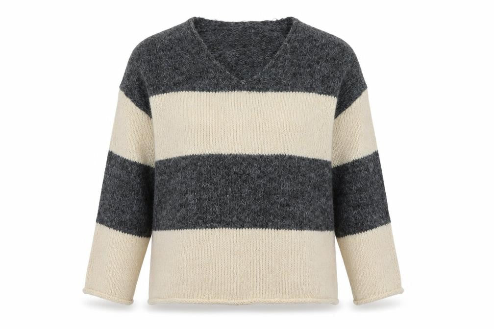 Front view of ASOS Women’s Grey Cream Striped V-Neck Knit Jumper, size S, UK 8-10