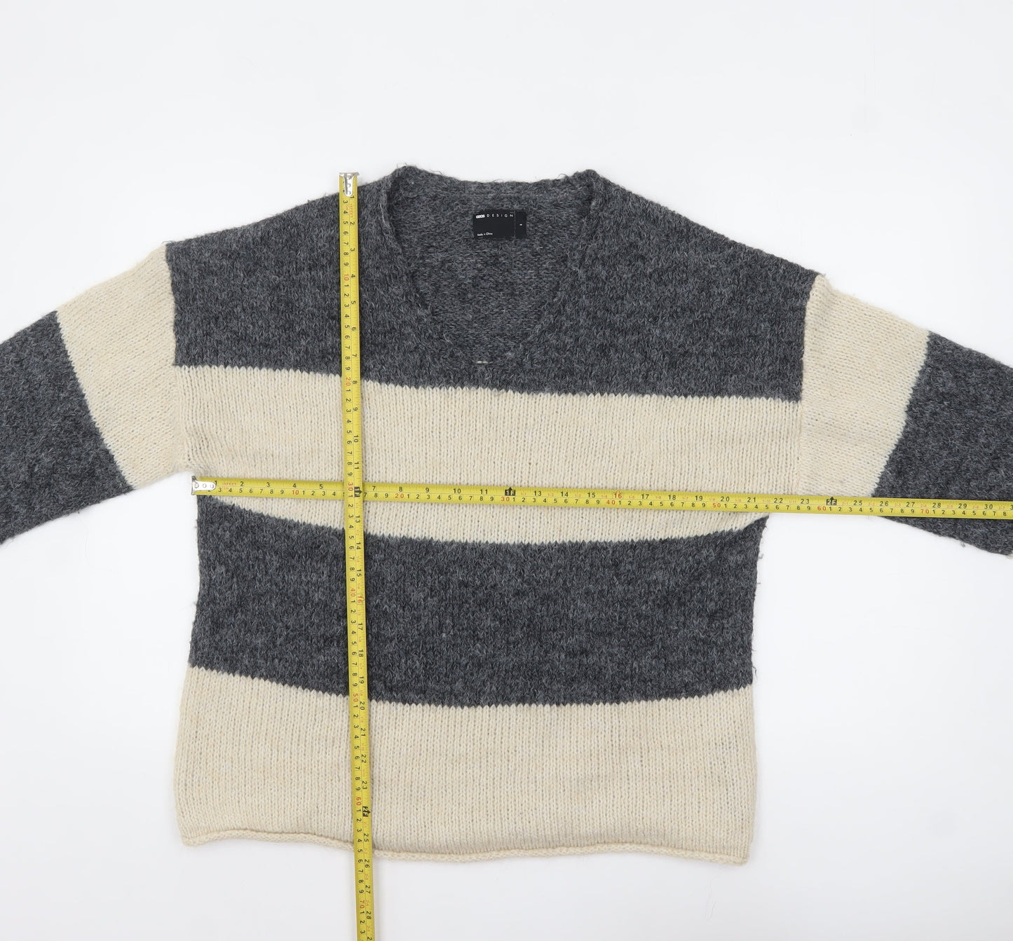 ASOS Women’s Grey Cream Striped V-Neck Knit Jumper Size S UK 8-10