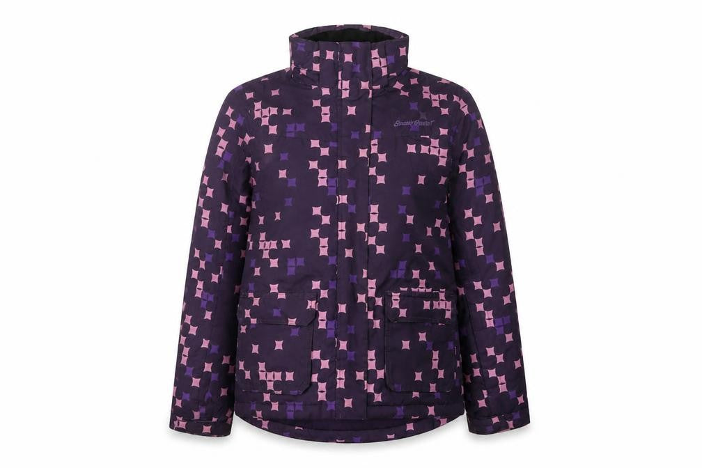 Front view of Crivit girls’ purple geometric waterproof ski jacket 12-14 years