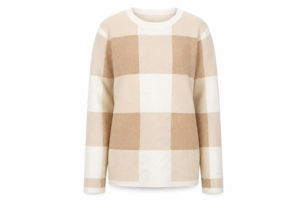 Bonmarché Womens Beige Check Knit Pullover Jumper Size 12
