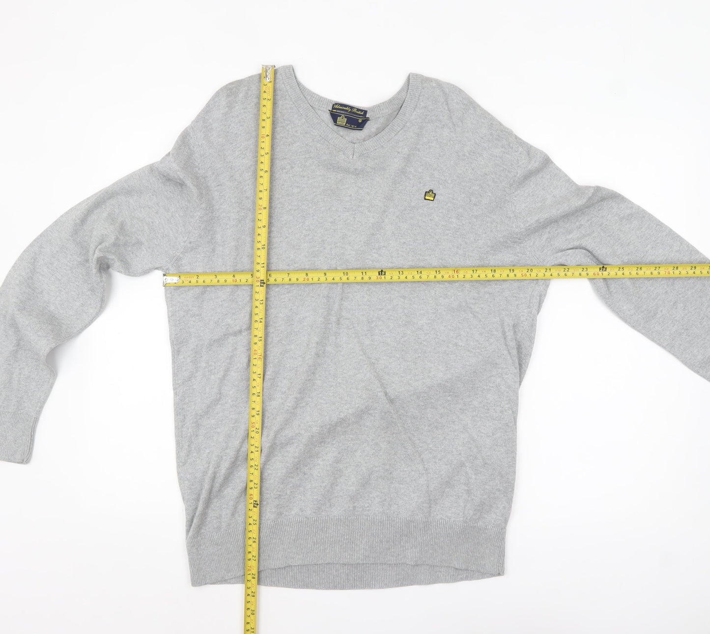 Admiral Men's Grey V-Neck Cotton Pullover Jumper M Classic Knit
