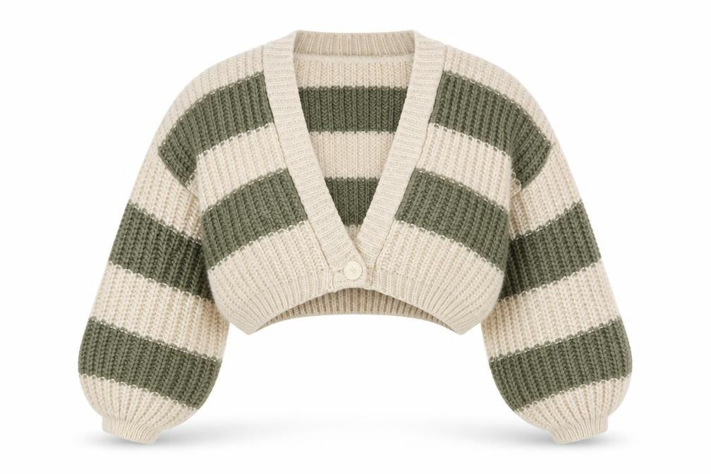 Stradivarius Women Beige Green Striped Chunky Knit Cropped Cardigan XS
