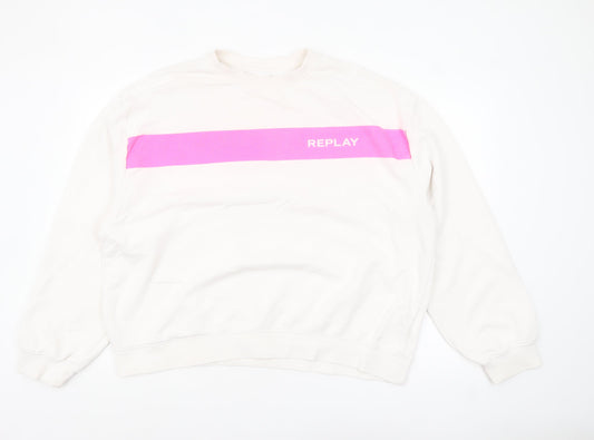 Replay Womens Beige Pink Logo Crew Neck Sweatshirt Size 3XL