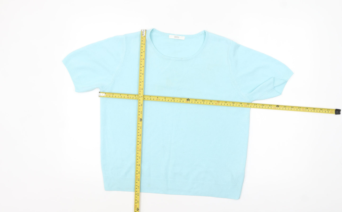 Marks and Spencer Women Blue Acrylic Short Sleeve Crew Neck Jumper Size 16