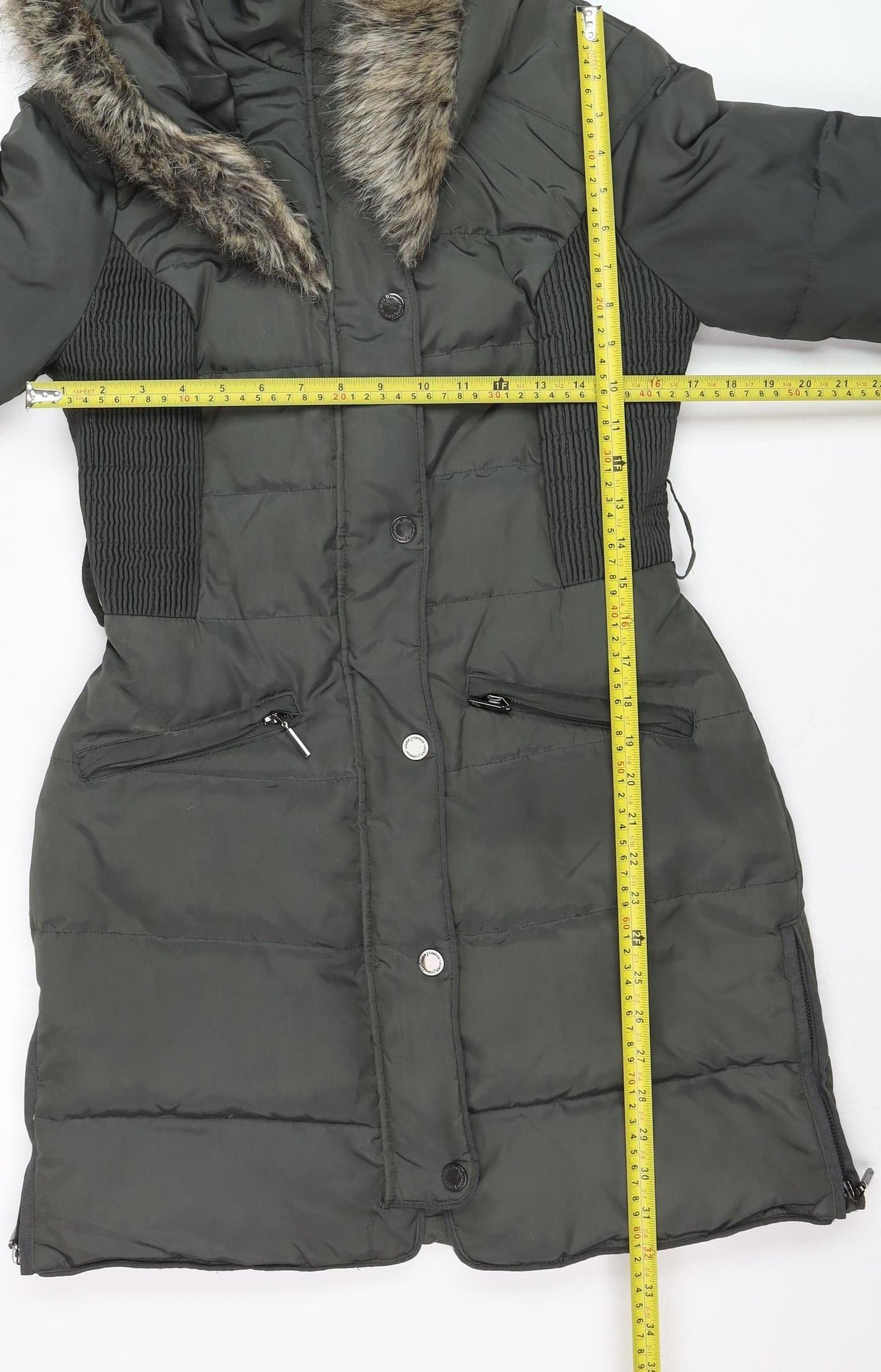 Jasper Conran Women's Green Faux Fur Trim Hooded Puffer Coat Size 8