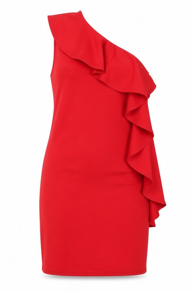 Lipsy Women Red One Shoulder Ruffle Bodycon Dress Size 14