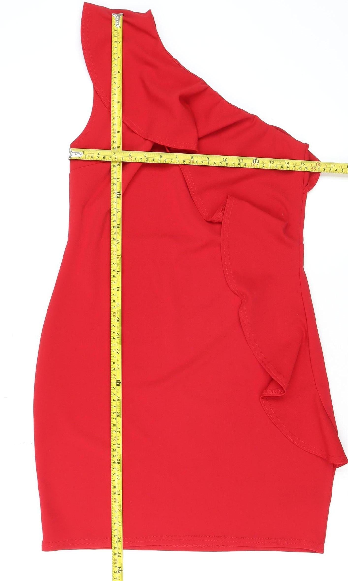 Lipsy Women Red One Shoulder Ruffle Bodycon Dress Size 14